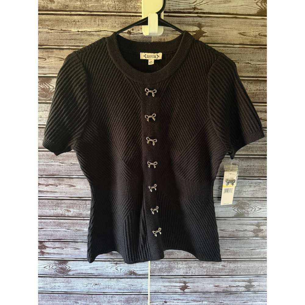 Nanette Lepore Women's Short-Sleeved Sweater Size M Black Ribbed Bow NWT